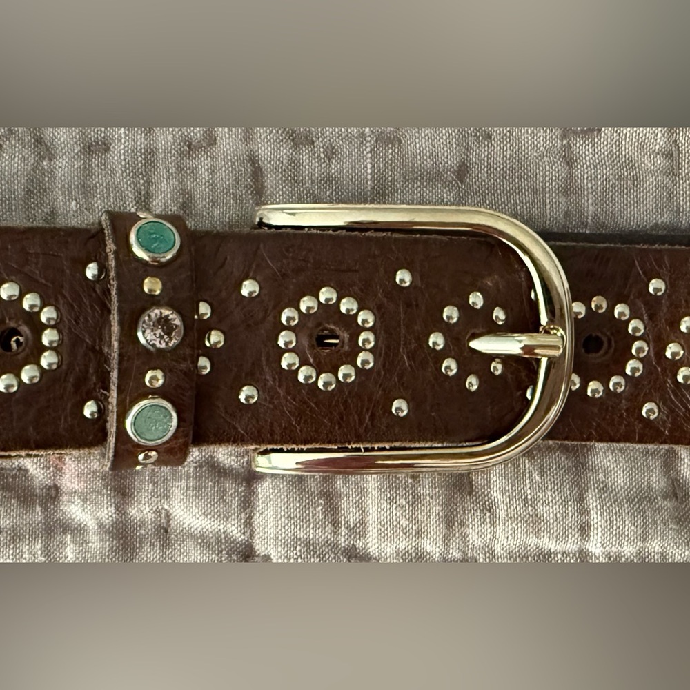 B. Belt Brown Suede Studded Leather Belt with Gold Buckle, sz M